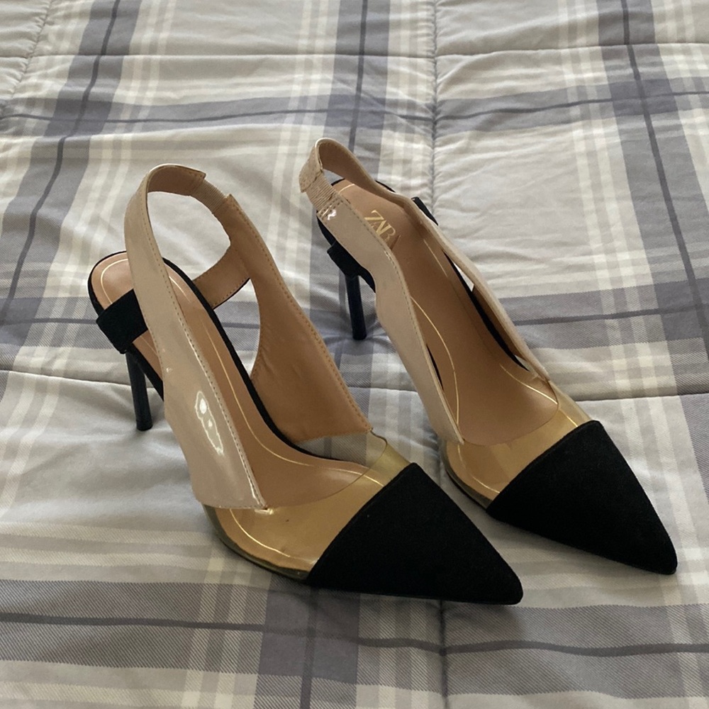 Zara pointy toe pvc black beige heels size 38